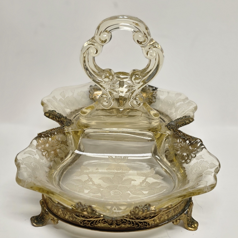 Cambridge Vintage Apple Blosson Glass Serving Dish w/ Ormolu Mounted Wrap